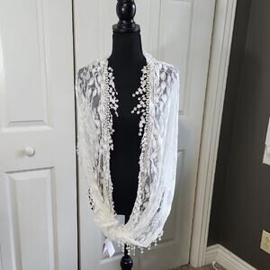 Avenue 9 Womens Infinity Scarf White Mesh Lace Fringe Fairycore Girlhood Elegant